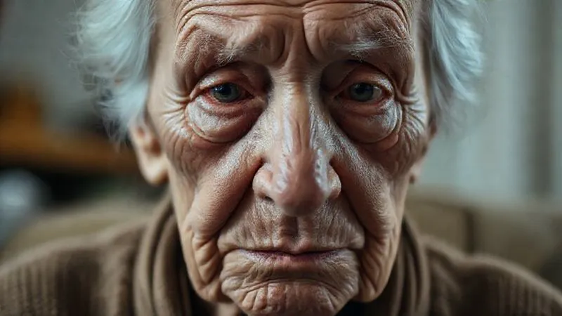 photorealistic, professional photography, 8K, cinematic lighting, sharp focus, depth of field, shot on a high-end DSLR. A close-up of an elderly person's face, their expression a complex mix of sadness, fear, and stubbornness. Their eyes are slightly downcast, with a hint of a tear. The background is softly blurred, suggesting a home environment. The mood is somber and reflective.