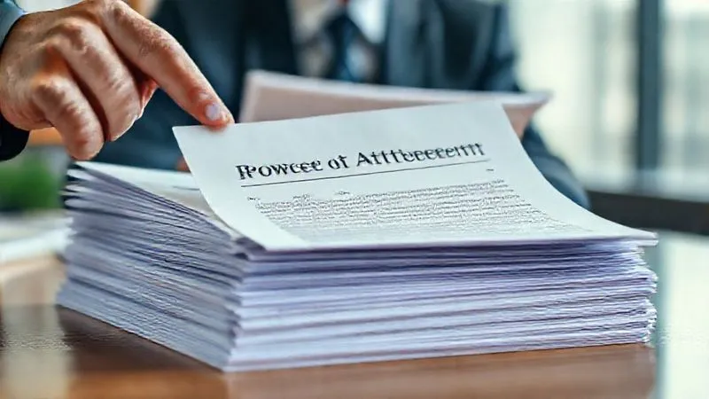 photorealistic, professional photography, 8K, cinematic lighting, sharp focus, depth of field, shot on a high-end DSLR. A close-up of a stack of legal documents, with a hand (belonging to an attorney or concerned family member) pointing to a section on a document titled 'Power of Attorney.' A blurred background shows a formal office setting. The lighting is professional and clear, emphasizing the importance of the documents.