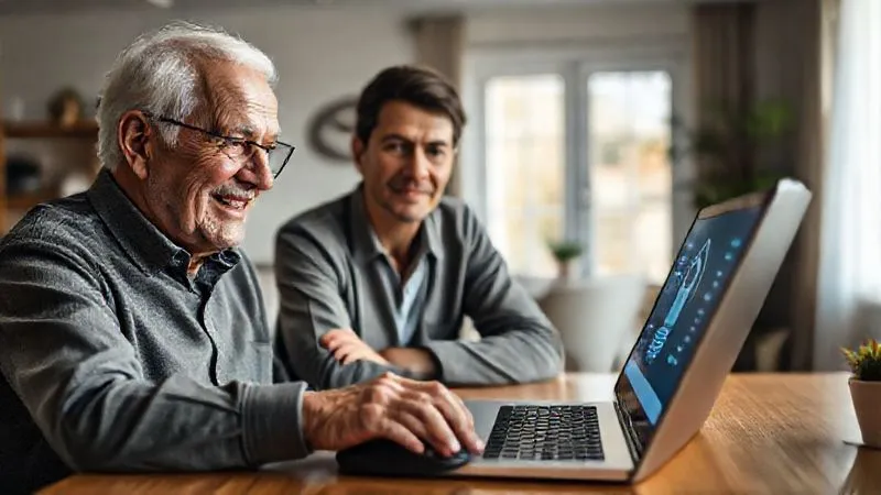 photorealistic, professional photography, 8K, cinematic lighting, sharp focus, depth of field, shot on a high-end DSLR. An elderly person, with a gentle, reassuring smile, sitting at a desk with a laptop open showing a secure online banking interface. Their hand is on a mouse, and a younger, concerned adult is sitting beside them, observing with a supportive expression. The background is a bright, modern home office, symbolizing security and transparency.