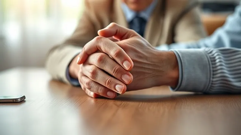A photorealistic, professional photography, 8K, cinematic lighting, sharp focus, depth of field, shot on a high-end DSLR of two hands, one elderly and one younger, clasped gently across a table, symbolizing trust and open communication. The background is softly blurred, suggesting a safe, confidential setting like a lawyer's office or a quiet consultation room, evoking empathy and support.
