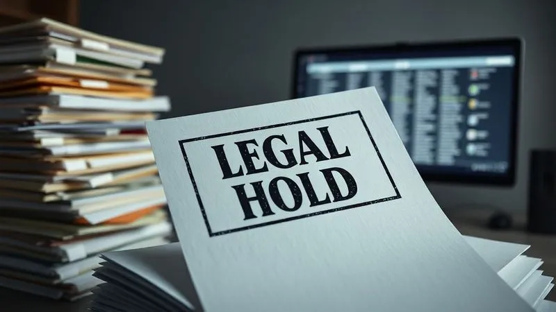 Photorealistic, professional photography, 8K, cinematic lighting, sharp focus, depth of field, shot on a high-end DSLR. A legal document with a 'Legal Hold' stamp prominently displayed, surrounded by blurred stacks of employee files and a computer screen showing email archives. The lighting is stark and emphasizes the seriousness of document preservation.