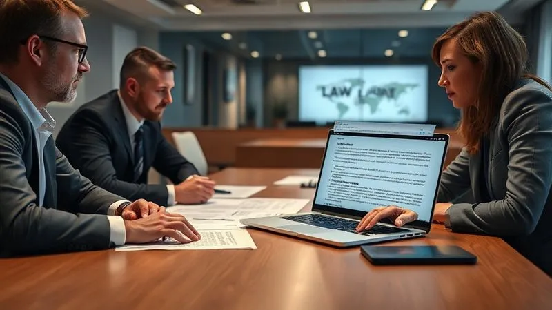 Photorealistic, professional photography, 8K, cinematic lighting, sharp focus, depth of field, shot on a high-end DSLR. A focused legal team reviewing documents on a large table, with one person pointing to a specific clause on a laptop screen, emphasizing meticulous attention to detail. The background is a modern law office with soft, professional lighting.