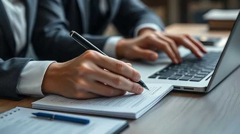 Photorealistic, professional photography, 8K, cinematic lighting, sharp focus, depth of field, shot on a high-end DSLR. A close-up of hands meticulously documenting notes on a legal pad and typing on a laptop, with a focus on organized paperwork and a serious, diligent atmosphere in a modern office.