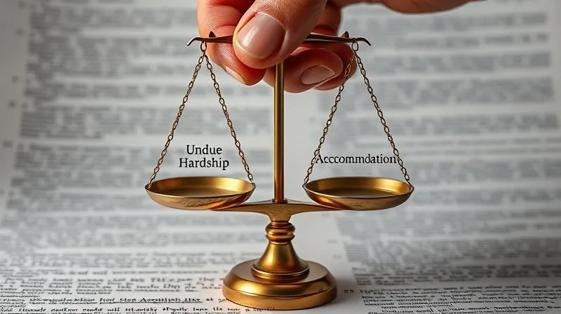Photorealistic, professional photography, 8K, cinematic lighting, sharp focus, depth of field, shot on a high-end DSLR. A person's hand carefully balancing a delicate scale with 'Undue Hardship' on one side and 'Accommodation' on the other, against a softly blurred background of legal texts and regulations, symbolizing a difficult assessment.