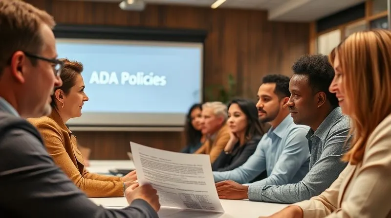 Photorealistic, professional photography, 8K, cinematic lighting, sharp focus, depth of field, shot on a high-end DSLR. A diverse group of employees engaged in a professional training session, looking attentive and discussing a compliance document, with a projector screen displaying 'ADA Policies' in the background. The scene is well-lit and collaborative.