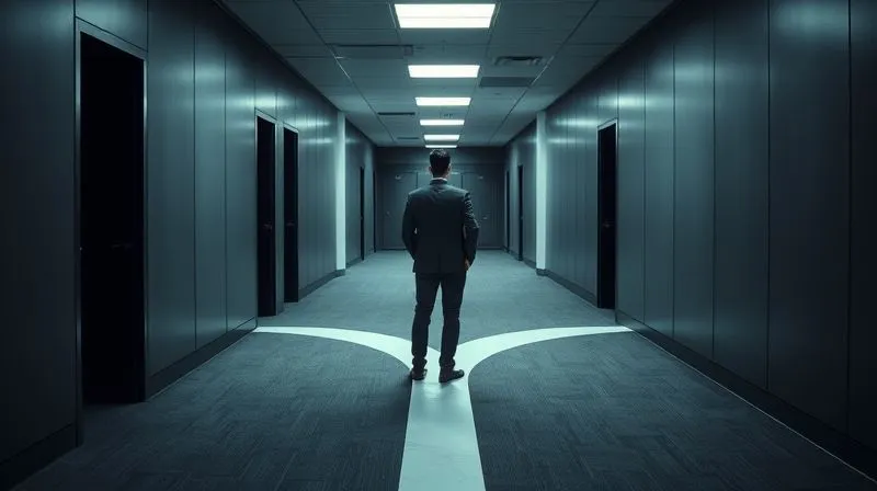 Photorealistic, professional photography, 8K, cinematic lighting, sharp focus, depth of field, shot on a high-end DSLR. A single, well-dressed individual (representing an HR professional or manager) stands at a crossroads in a dimly lit, professional office hallway, contemplating two diverging paths. The atmosphere is contemplative and serious, conveying a weighty decision.