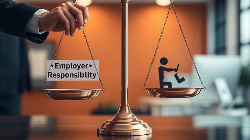 A photorealistic image depicting a balanced scale, with one side holding a stylized representation of 'Employer Responsibility' and the other 'Employee Needs' or 'Disability'. The scale is in perfect equilibrium, with hands (diverse, professional) gently adjusting the weights. The background is a blurred, modern office environment. Professional photography, 8K, cinematic lighting, sharp focus, depth of field.