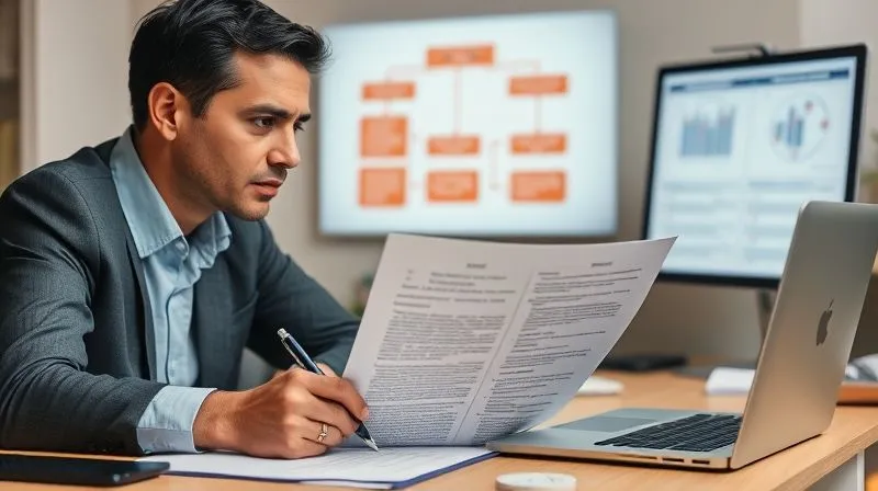 A photorealistic image of a human resources professional and a manager reviewing a detailed job description and a medical report side-by-side on a desk. They are focused, with pens in hand, indicating careful consideration and analysis. A laptop screen in the background displays a flow chart of decision-making processes. Professional photography, 8K, cinematic lighting, sharp focus, depth of field.