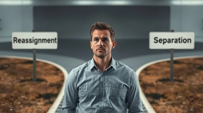 A photorealistic image of a person standing at a crossroads, looking down three distinct paths. The paths are labeled metaphorically with signs like 'Reassignment', 'Leave of Absence', and 'Separation'. The person's expression is thoughtful and slightly pensive, conveying the weight of a difficult decision. The setting is professional but symbolic, with soft, contemplative lighting. Professional photography, 8K, cinematic lighting, sharp focus, depth of field.