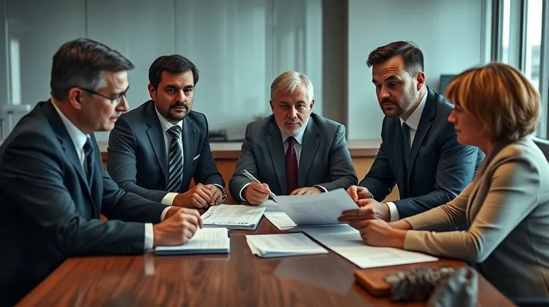 Photorealistic, professional photography, 8K, cinematic lighting, sharp focus, depth of field, shot on a high-end DSLR. A diverse team of professionals – a tax attorney, a certified appraiser, and an accountant – gathered around a conference table, intently discussing documents and strategy, with focused expressions, symbolizing collaborative expert defense against an audit.