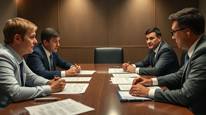 Photorealistic, professional photography, 8K, cinematic lighting, sharp focus, depth of field, shot on a high-end DSLR. A diverse group of people, including a tax attorney and an IRS agent, engaged in intense but professional negotiation around a conference table, with legal documents and valuation reports spread out, conveying the tension and strategic nature of audit resolution talks.