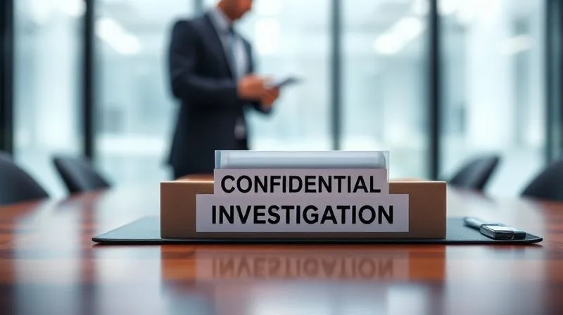photorealistic, professional photography, 8K, cinematic lighting, sharp focus, depth of field, shot on a high-end DSLR of a blurred corporate office background with a focused, open file folder labeled "Confidential Investigation" on a polished wooden desk, emphasizing discretion and professionalism.