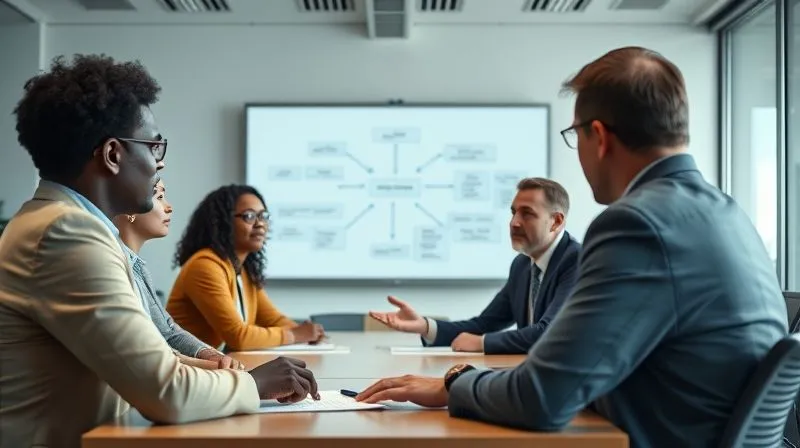 photorealistic, professional photography, 8K, cinematic lighting, sharp focus, depth of field, shot on a high-end DSLR of a diverse group of professionals in a modern conference room, engaged in a serious but calm discussion, with a whiteboard in the background displaying a blurred flow chart of an investigation process, conveying collaboration and thoroughness.