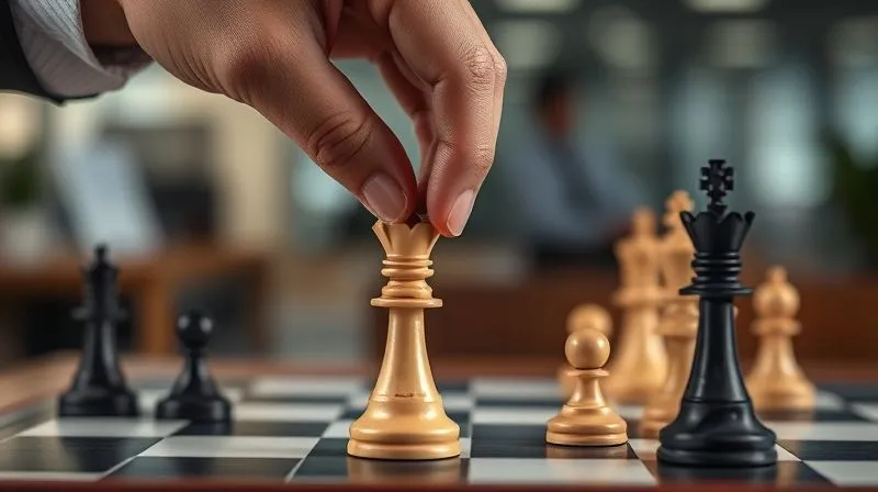 photorealistic, professional photography, 8K, cinematic lighting, sharp focus, depth of field, shot on a high-end DSLR of a hand placing a chess piece (perhaps a rook or a bishop) into a 'removed' pile next to the chessboard, symbolizing a strategic and decisive, yet difficult, action in a corporate context. The background is a blurred, professional office setting.