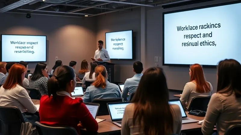 photorealistic, professional photography, 8K, cinematic lighting, sharp focus, depth of field, shot on a high-end DSLR of a diverse group of employees actively participating in a modern, interactive training session, with digital screens displaying clear, positive messages about workplace respect and ethics. The atmosphere is engaged and forward-looking.