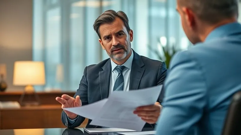 A photorealistic, professional photography, 8K, cinematic lighting, sharp focus, depth of field, shot on a high-end DSLR of a confident, experienced real estate attorney in a modern, well-appointed office, gesturing thoughtfully while explaining complex legal documents to a developer. The attorney's expression is reassuring yet authoritative, conveying deep knowledge and strategic insight.
