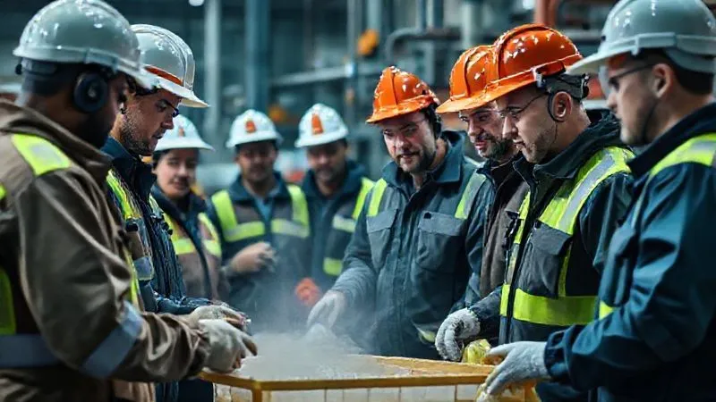 A photorealistic, professional photography, 8K, cinematic lighting, sharp focus, depth of field, shot on a high-end DSLR, depicting a diverse group of industrial employees participating in a hands-on spill response training session, with an instructor demonstrating the use of containment tools. The atmosphere is serious and focused, emphasizing learning and preparedness. No text or logos visible.