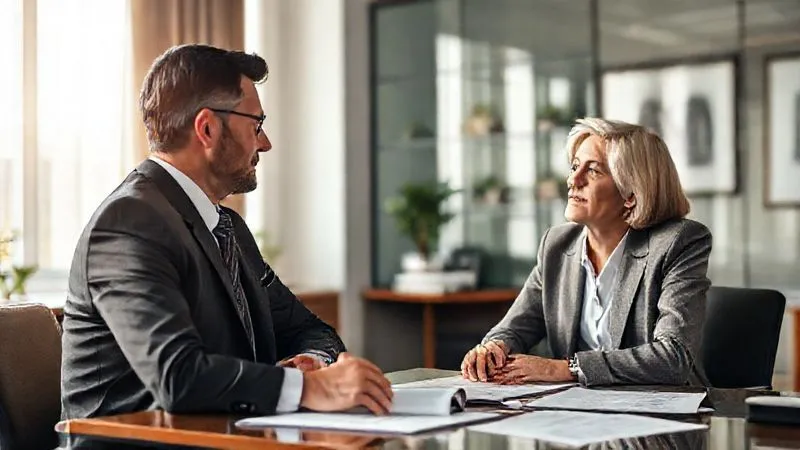 Photorealistic, professional photography, 8K, cinematic lighting, sharp focus, depth of field, shot on a high-end DSLR. A lawyer attentively listening to a client in a modern, well-lit office, with legal documents open on the desk, conveying empathy and thorough intake. Soft, natural light streams through a window.