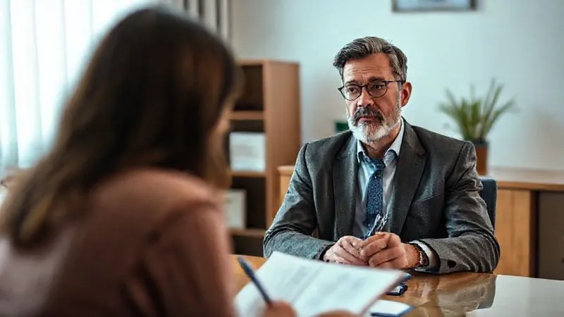 Photorealistic, professional photography, 8K, cinematic lighting, sharp focus, depth of field, shot on a high-end DSLR. A thoughtful psychologist in a calm, professional office, listening empathetically to an unseen client, with a notepad and pen in hand, conveying a sense of trust and detailed assessment. Soft, diffused lighting.