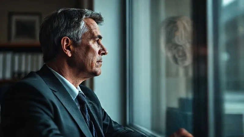 Photorealistic, professional photography, 8K, cinematic lighting, sharp focus, depth of field, shot on a high-end DSLR. A lawyer looking out a window in a moment of quiet contemplation in their office, conveying reflection and the emotional toll of demanding legal work, with a subtle sense of determination. Soft, ambient light.