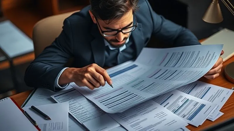 A photorealistic image of a legal professional meticulously analyzing financial documents and bank statements spread across a desk, with a focused expression, surrounded by a subtle aura of problem-solving, cinematic lighting, sharp focus on the documents, depth of field blurring the background, 8K hyper-detailed, shot on a high-end DSLR.