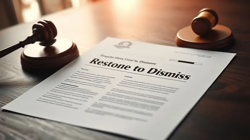 A photorealistic image of a legal brief or court filing with a prominent 'Response to Motion to Dismiss' title, placed on a dark wooden courtroom table, with a gavel partially visible in the background, out of focus. The lighting is dramatic and professional, sharp focus on the document, depth of field, 8K hyper-detailed, shot on a high-end DSLR.