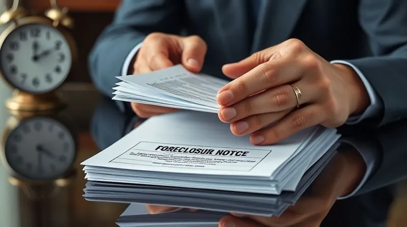 A photorealistic image of a legal professional's hands carefully placing a stack of bankruptcy documents onto a foreclosure notice, symbolizing the halting of proceedings. The setting is a polished legal desk with a blurred background of a ticking clock, emphasizing urgency and precision. Cinematic lighting, sharp focus, depth of field, 8K hyper-detailed.
