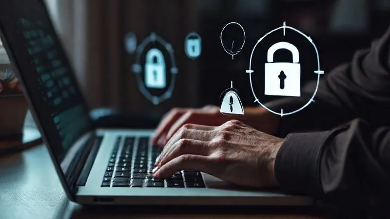 A person's hands urgently typing on a laptop, with security icons (like a padlock, shield, and alert symbol) subtly overlaid on the screen, indicating a focus on digital security. The setting is a home office, dimly lit, emphasizing the urgency. photorealistic, professional photography, 8K, cinematic lighting, sharp focus, depth of field, shot on a high-end DSLR.