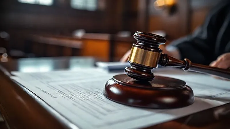 photorealistic, professional photography, 8K, cinematic lighting, sharp focus, depth of field, shot on a high-end DSLR. A close-up of a judge's gavel resting on legal papers, with a blurred background of a courtroom. The lighting is dramatic, emphasizing the gravity of legal decisions and the process of seeking waivers or exemptions.