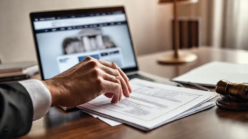 photorealistic, professional photography, 8K, cinematic lighting, sharp focus, depth of field, shot on a high-end DSLR. A person's hand meticulously organizing legal documents and certificates on a desk, with a laptop open displaying a bankruptcy court website in the background. The scene conveys diligence and strategic planning, with a subtle sense of relief.