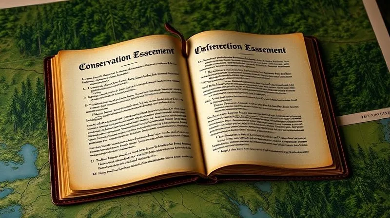 A photorealistic, professional photography image of an open, ancient leather-bound legal document with intricate script, representing a conservation easement, laid over a map of a protected, verdant forest. Cinematic lighting illuminates the document, highlighting specific clauses, with a sharp focus on the text and a gentle depth of field blurring the background map. 8K hyper-detailed, shot on a high-end DSLR.