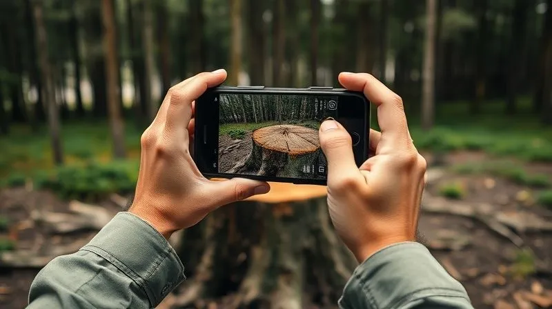 A photorealistic, professional photography image of a person's hands holding a rugged smartphone, diligently capturing clear, date-stamped photos of a freshly cut tree stump and disturbed soil in a natural forest setting. The scene uses soft, natural cinematic lighting, with sharp focus on the hands and phone, and a shallow depth of field blurring the dense trees in the background. 8K hyper-detailed, shot on a high-end DSLR.