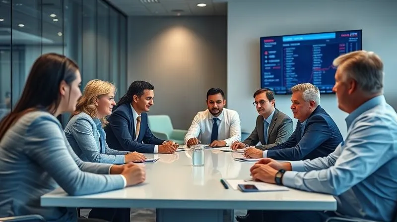 A photorealistic image of a diverse group of corporate executives and communication specialists in a modern office, engaged in a serious discussion around a large table, with a news ticker visible on a screen in the background. Cinematic lighting, sharp focus on the group, depth of field, 8K hyper-detailed, professional photography, shot on a high-end DSLR.