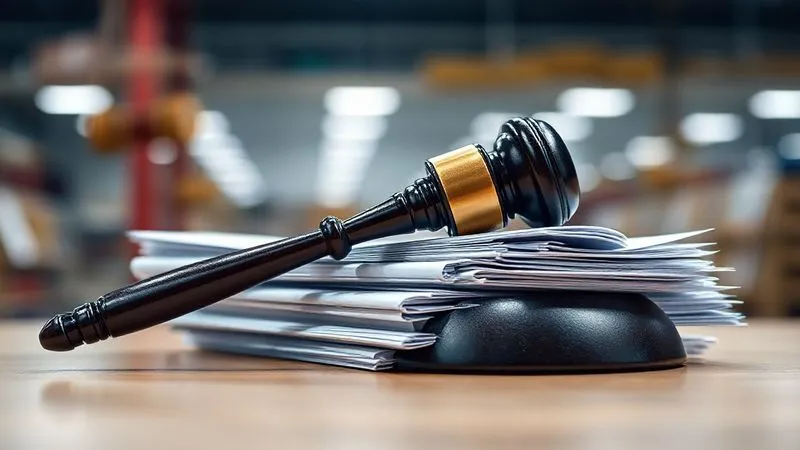 A photorealistic, professional photography, 8K, cinematic lighting, sharp focus, depth of field, shot on a high-end DSLR, showing a legal gavel resting on a stack of intellectual property documents, with a blurred background of a customs inspection facility. The scene conveys authority, legal enforcement, and border control.