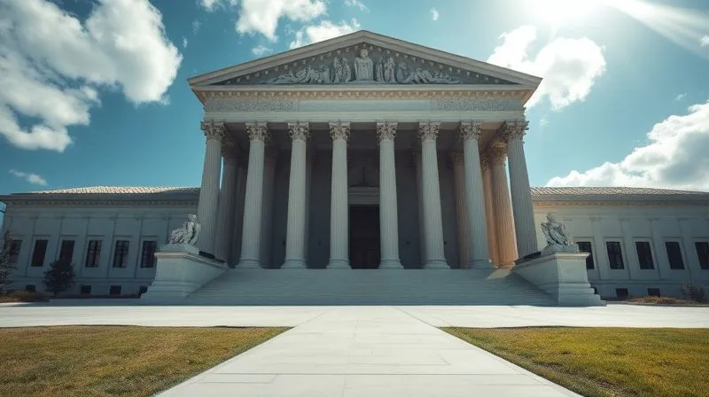 Photorealistic, professional photography, 8K, cinematic lighting, sharp focus, depth of field, shot on a high-end DSLR. A towering courthouse facade with classical columns, seen from a low angle, with light dramatically emphasizing its imposing presence. In the foreground, a single, clear path leads towards the entrance, representing the formal and challenging journey of judicial review.