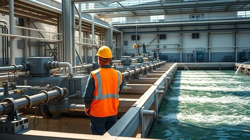 A photorealistic image of an industrial facility's wastewater treatment plant, with engineers in hard hats and safety vests overseeing advanced filtration systems. Clean water visibly flowing out, symbolizing successful compliance. Dramatic, sunny lighting, sharp focus on the machinery and engineers, depth of field blurring the background. 8K hyper-detailed, professional photography, shot on a high-end DSLR.