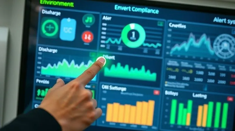 A photorealistic image of a digital dashboard displaying real-time environmental compliance metrics, graphs of discharge levels, and alert systems. A hand pointing to a green 'compliant' indicator. Modern, clean interface, professional setting. Sharp focus on the screen, depth of field blurring the background. 8K hyper-detailed, professional photography, shot on a high-end DSLR.