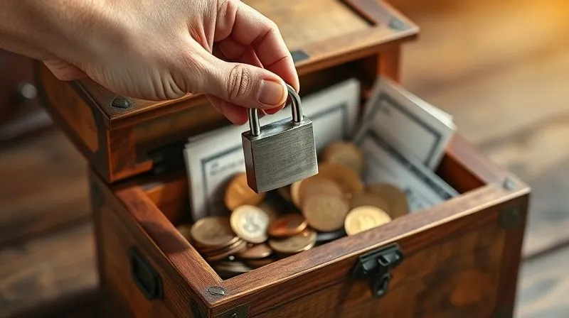 photorealistic, professional photography, 8K, cinematic lighting, sharp focus, depth of field, shot on a high-end DSLR, a hand carefully placing a small, secure lock onto a vintage wooden strongbox filled with coins and legal documents, symbolizing financial security and asset protection.