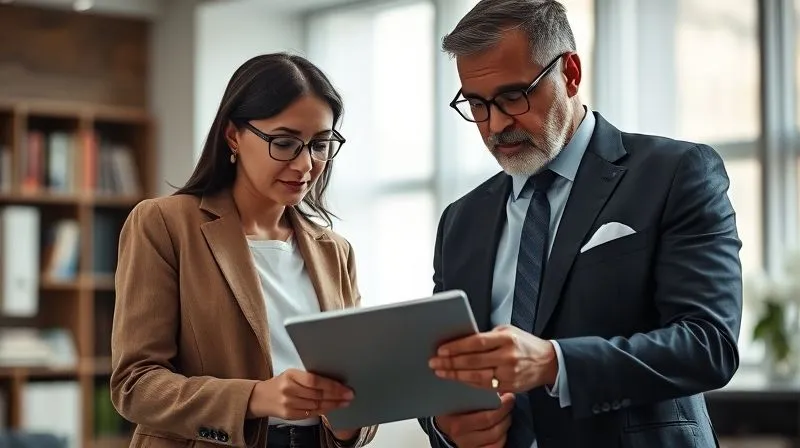 photorealistic, professional photography, 8K, cinematic lighting, sharp focus, depth of field, shot on a high-end DSLR, a diverse lawyer and client consulting intently in a modern, well-lit office, reviewing legal documents on a tablet, conveying trust, expertise, and collaborative problem-solving.