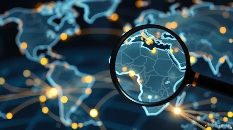 Photorealistic, professional photography, 8K, cinematic lighting, sharp focus, depth of field, shot on a high-end DSLR. A complex, interconnected global supply chain visualized as glowing lines linking various international financial hubs on a holographic map, with a magnifying glass hovering over one specific connection, symbolizing intense scrutiny of international business operations and tax implications. The overall mood is serious and analytical.