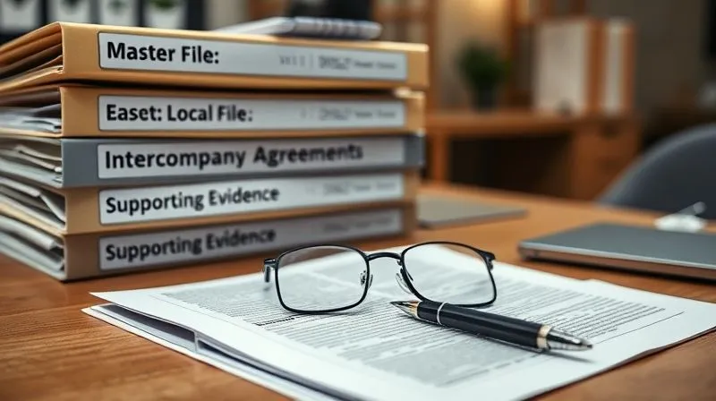 Photorealistic, professional photography, 8K, cinematic lighting, sharp focus, depth of field, shot on a high-end DSLR. An impeccably organized desk with a meticulously arranged stack of binders labeled 'Master File,' 'Local File,' 'Intercompany Agreements,' and 'Supporting Evidence.' A pair of reading glasses rests on an open document, with a pen poised as if ready to make a precise annotation. The background is a softly blurred office environment, conveying diligence and attention to detail.