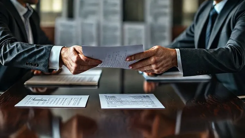 A photorealistic image of a legal brief being handed across a polished dark wood table between two well-dressed individuals, one a distressed client and the other a calm, authoritative lawyer, with legal texts blurred in the background, cinematic lighting, sharp focus on the exchange, depth of field, 8K hyper-detailed, professional photography, shot on a high-end DSLR.