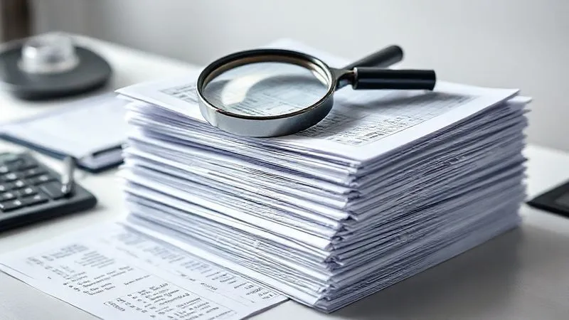 A photorealistic image of a stack of meticulously organized financial documents, tax forms, and ledgers on a clean desk, with a magnifying glass resting on top, emphasizing precision and scrutiny, professional photography, 8K, cinematic lighting, sharp focus, depth of field, shot on a high-end DSLR.