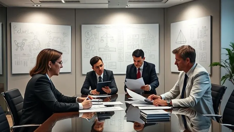 A photorealistic image of a legal team intently discussing documents around a conference table in a modern, well-lit law office, with whiteboards displaying complex legal strategies in the background, conveying intense deliberation and strategic planning, professional photography, 8K, cinematic lighting, sharp focus, depth of field, shot on a high-end DSLR.