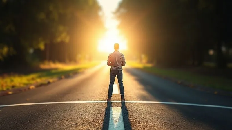 A photorealistic image of a person standing confidently at a crossroads, looking towards a clear, open path bathed in sunlight, symbolizing a fresh start and rebuilding, with blurred, darker paths behind them, professional photography, 8K, cinematic lighting, sharp focus, depth of field, shot on a high-end DSLR.
