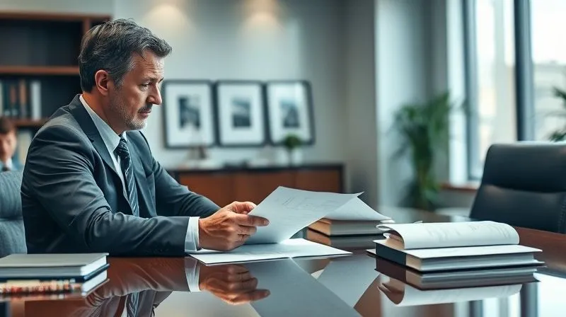 A photorealistic image of a legal professional (attorney) calmly advising a concerned client, both looking at official documents on a polished desk, in a well-lit, modern law office setting, conveying trust and strategic discussion. Professional photography, 8K, cinematic lighting, sharp focus, depth of field, shot on a high-end DSLR.