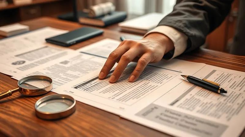 A photorealistic image of a hand meticulously organizing legal documents, evidence, and notes on a large wooden desk, with a magnifying glass and a pen nearby, indicating thorough investigation and attention to detail. The scene is well-lit but focused, suggesting deep concentration. Professional photography, 8K, cinematic lighting, sharp focus, depth of field, shot on a high-end DSLR.