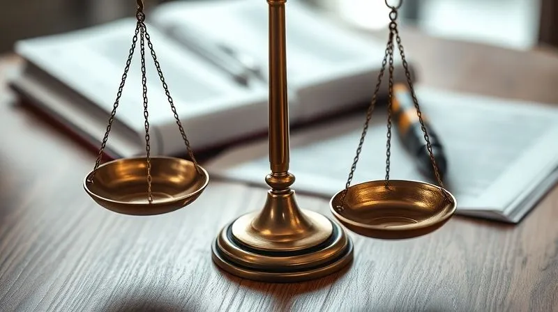 A photorealistic image of classic bronze scales of justice, perfectly balanced, with legal documents subtly blurred in the background on a wooden table. The lighting is dramatic and cinematic, emphasizing fairness and the weight of legal decisions. Professional photography, 8K, cinematic lighting, sharp focus, depth of field, shot on a high-end DSLR.