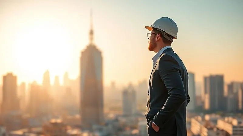 A photorealistic image of a professional, perhaps an architect or engineer, standing confidently in front of a newly completed, modern building or a vibrant city skyline, looking towards a bright, clear horizon. The sun is shining, symbolizing new beginnings and renewed purpose. Professional photography, 8K, cinematic lighting, sharp focus, depth of field, shot on a high-end DSLR.