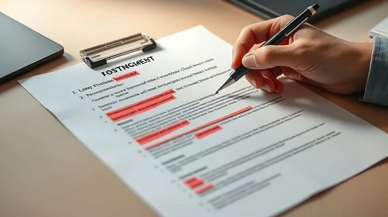 A photorealistic image of a legal document with several sections highlighted in red, indicating redactions. A hand with a pen is poised to write, suggesting scrutiny and analysis. The setting is a minimalist, modern desk with soft, focused lighting. 8K, cinematic lighting, sharp focus, depth of field, shot on a high-end DSLR, professional photography.